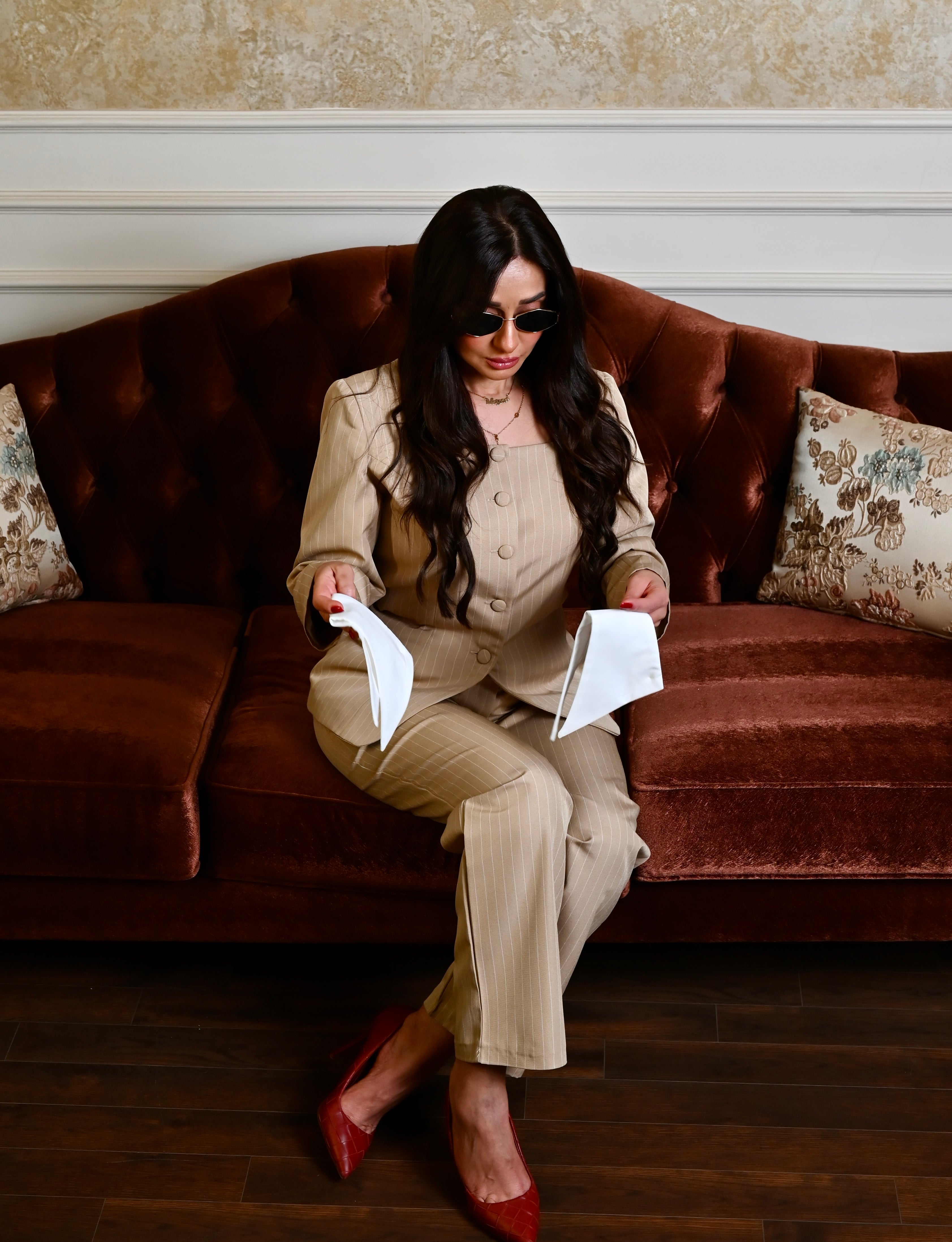 Beige Striped Suit