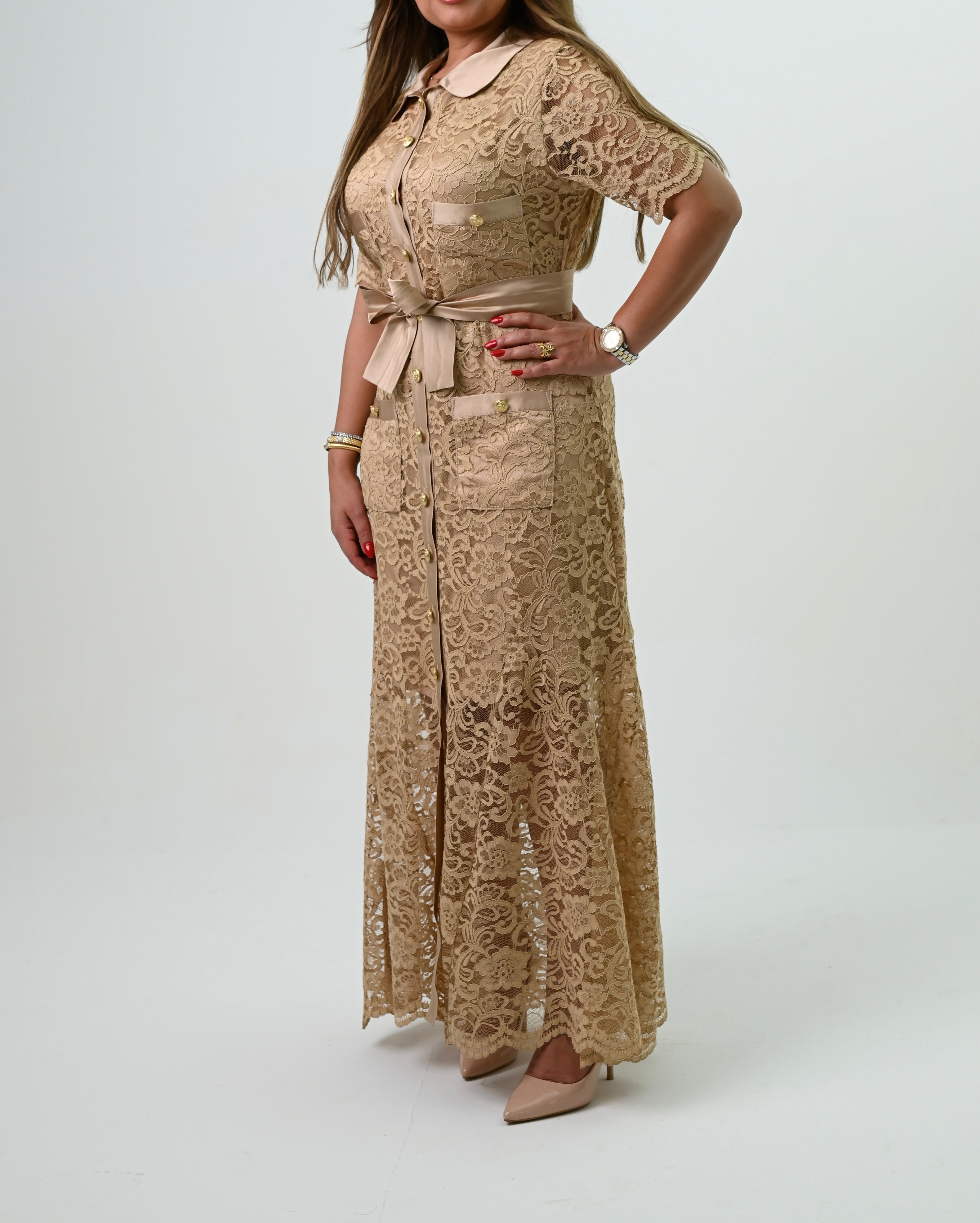 Beige Lace Half Sleeve Dress