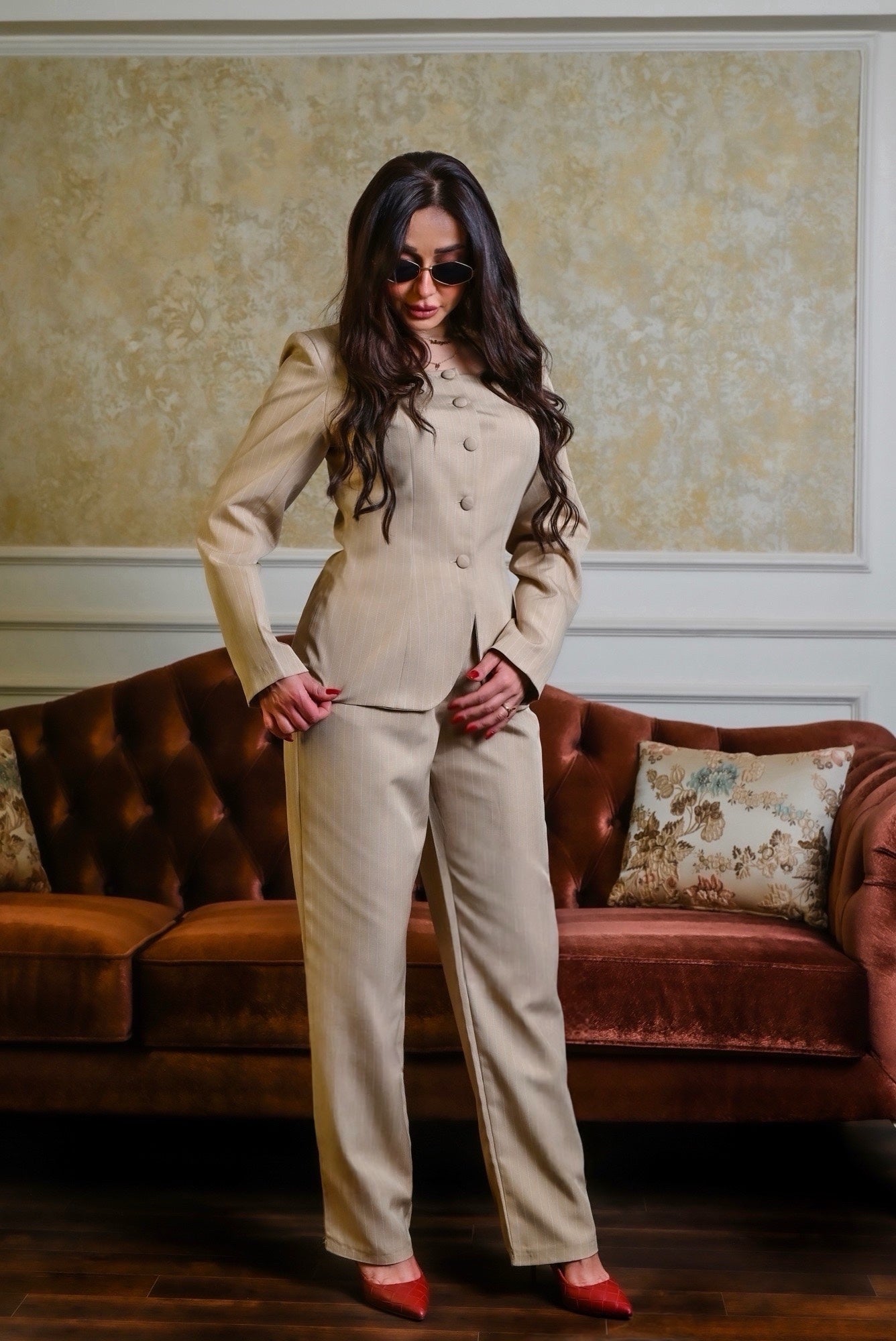 Beige Striped Suit