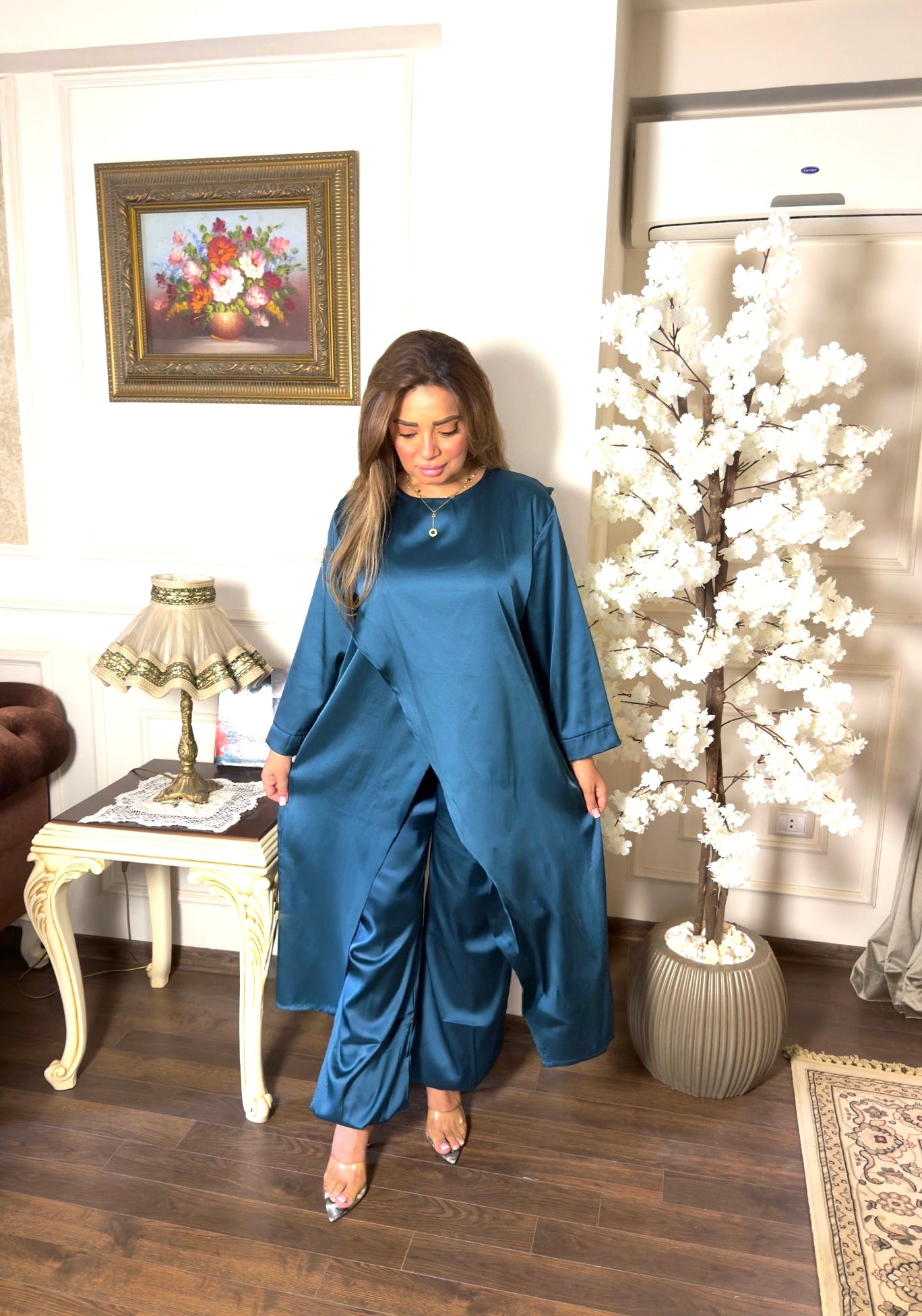 Long Loose Tunic Satin Set Flowing Silhouette