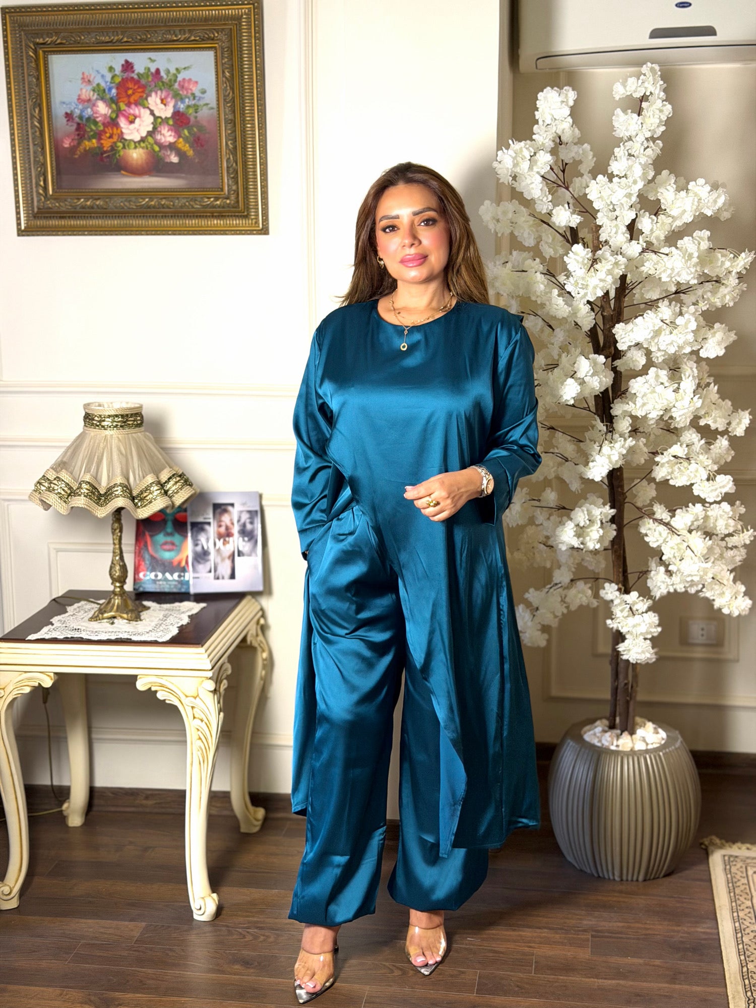 Long Loose Tunic Satin Set Flowing Silhouette