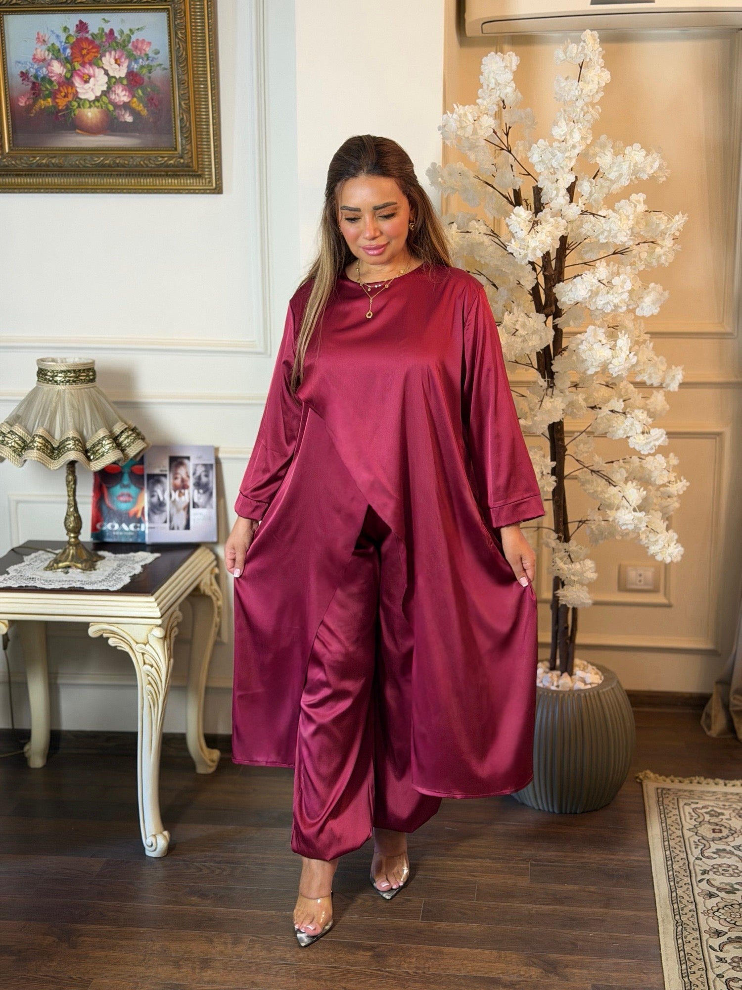 Long Loose Tunic Satin Set Flowing Silhouette