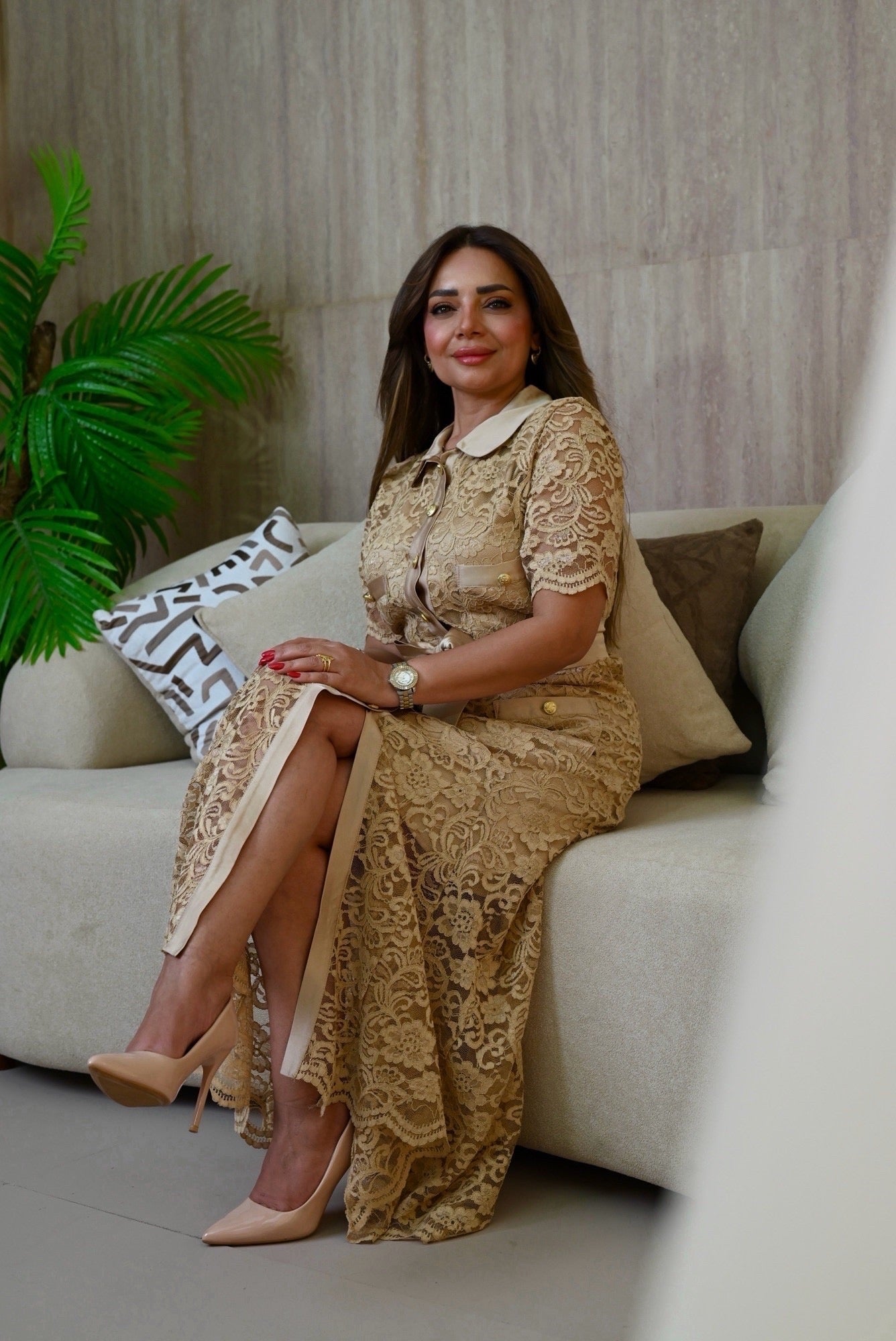 Beige Lace Half Sleeve Dress