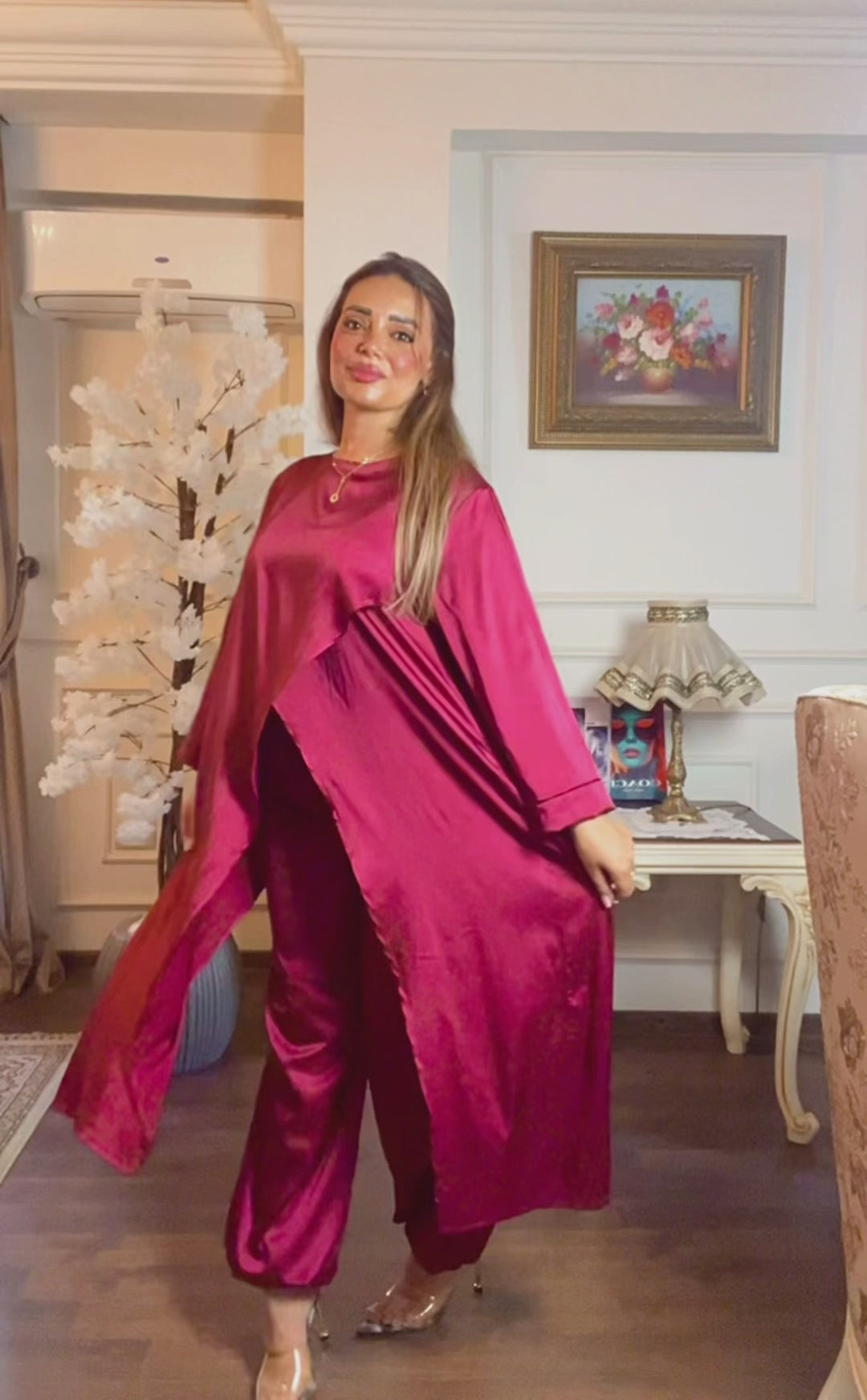 Long Loose Tunic Satin Set Flowing Silhouette
