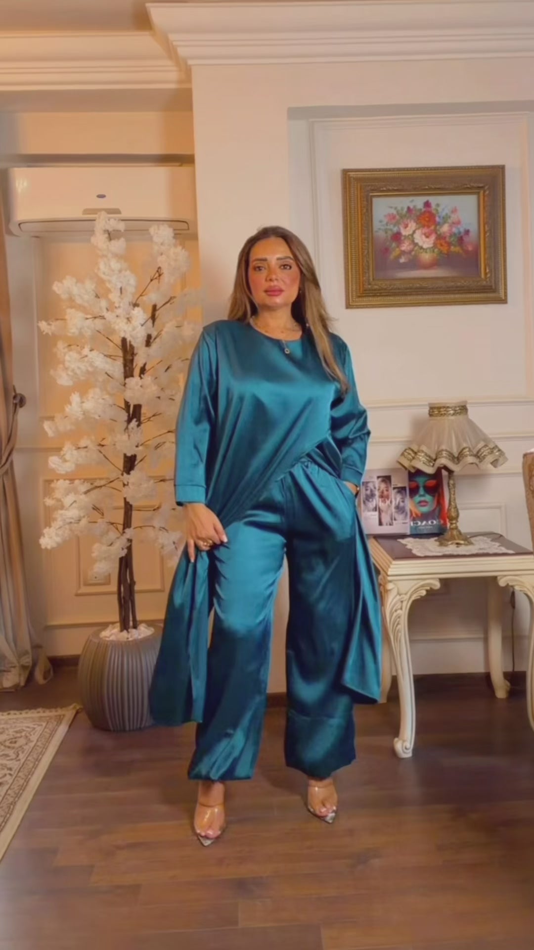 Long Loose Tunic Satin Set Flowing Silhouette