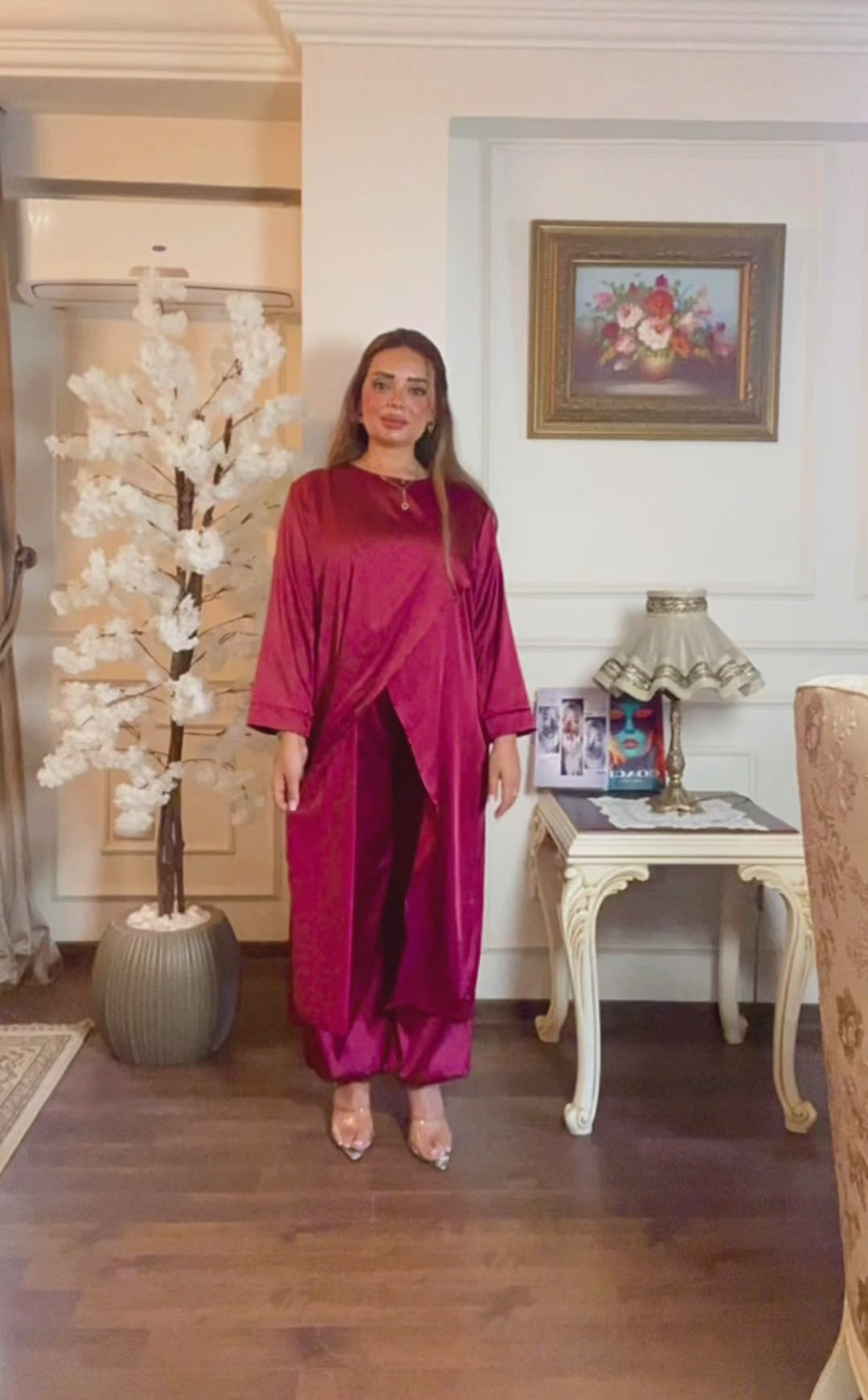 Long Loose Tunic Satin Set Flowing Silhouette